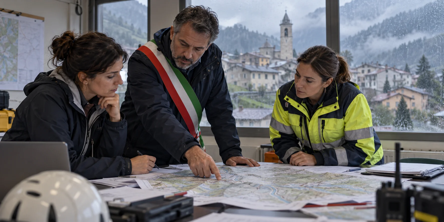 Rappresentazione di un sindaco con tecnici e protezione civile mentre coordina gli interventi su una mappa del territorio